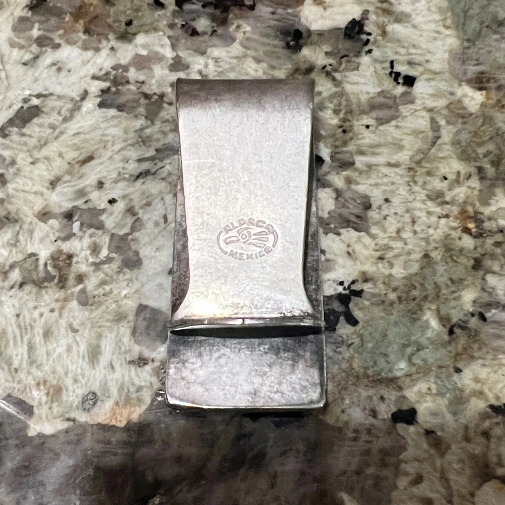 Vintage Alpaca Mexican Silver Money Clip with Genuine Turquoise Inlay